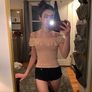 Pink/Nude Ruffled Cold Shoulder Top